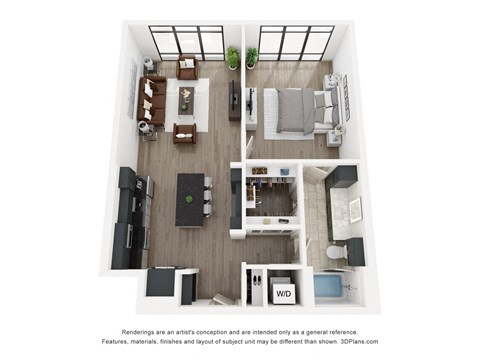 Floor plan for 1 bed, 1 bath, 880 sqft